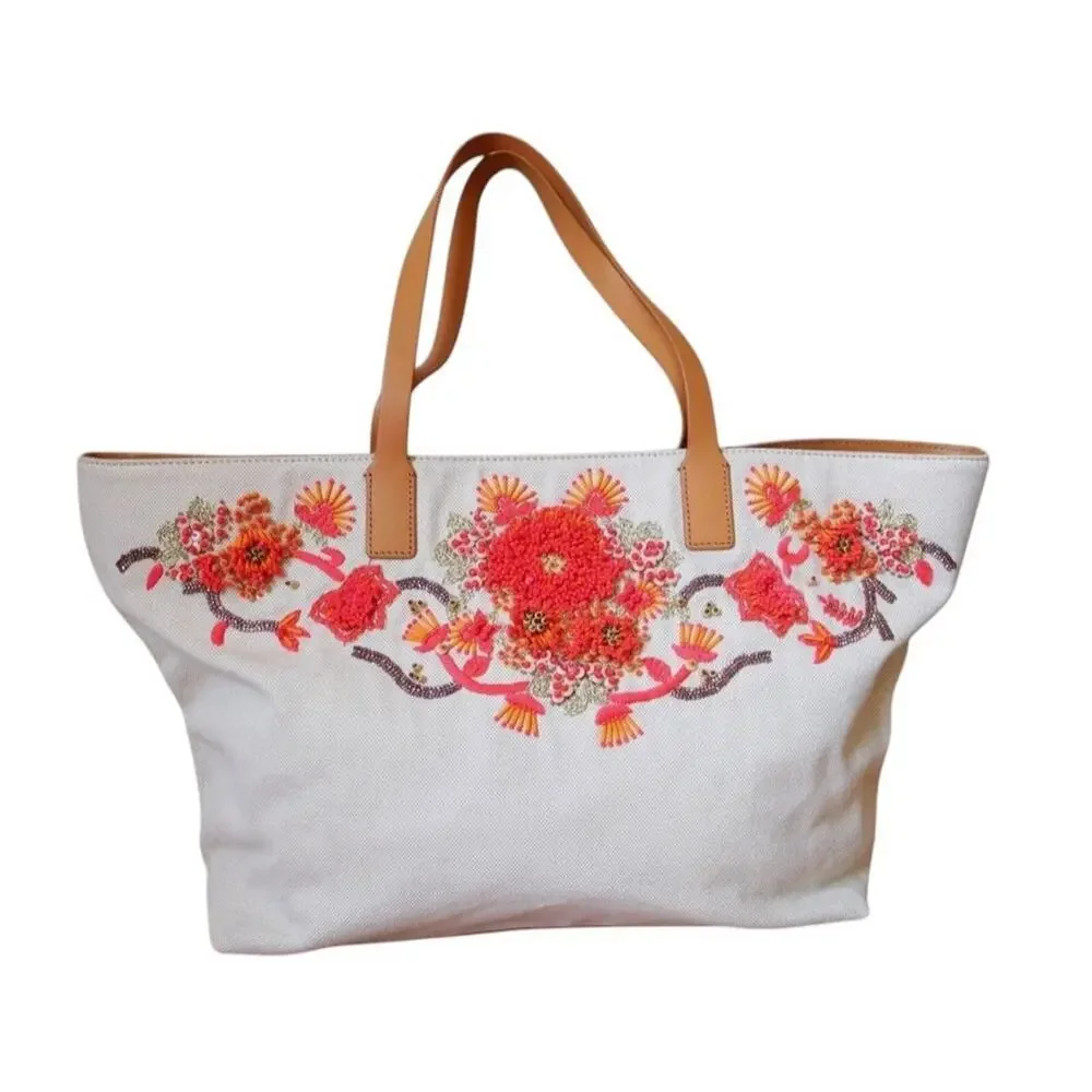 Tory Burch Rodeo Drive Ltd. Ed. Canvas Hand-Beaded Large Tote Bag Beach NWOT